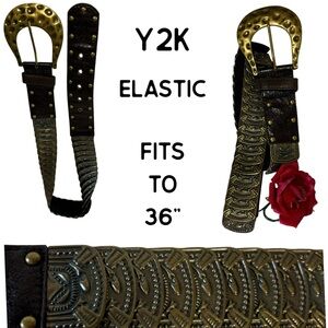 Wide Y2K Gothcore Brass Color Elastic Belt Studs Hammered Metal Stretches to 36”
